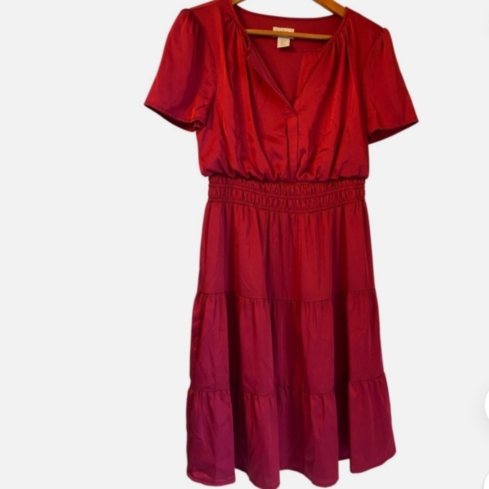 Red Tiered Midi Dress Satiny Smocked Waist S Peasant Cottagecore Bohofarmcore